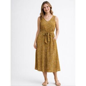 Diega Paris Abstract Print Sleeveless Midi Dress V-Neck Tie Waist Mustard Size L